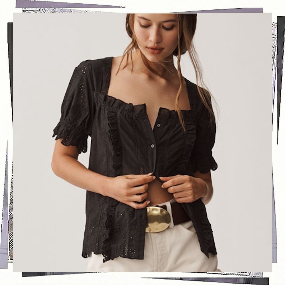 NWT: Lightweight Cotton Black Puff-Sleeve Eyelet Top (XS)